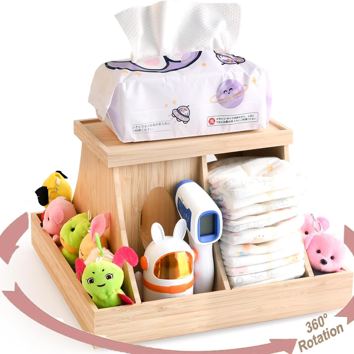 YiLiiod Wooden Baby Diaper Cabby Organizer 360 Degrees Rotating Bamboo Cabby Storage with Removable Divides Nursery Diaper Organizer
