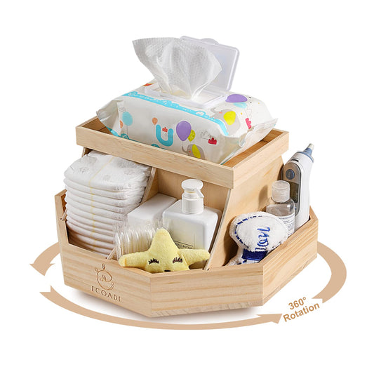 ECOADE Wooden Diaper Caddy Organizer - 360 Degrees Rotating Caddy with Removable Dividers Nursery Diaper Organizer